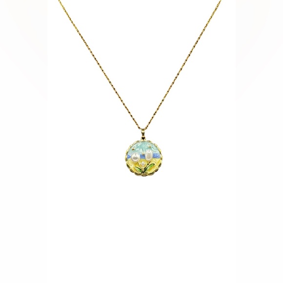 Pastel Enamel Flower Pendant w/ Faux Pearl Accents on Stainless Gold Tone Chain - Picture 12 of 12